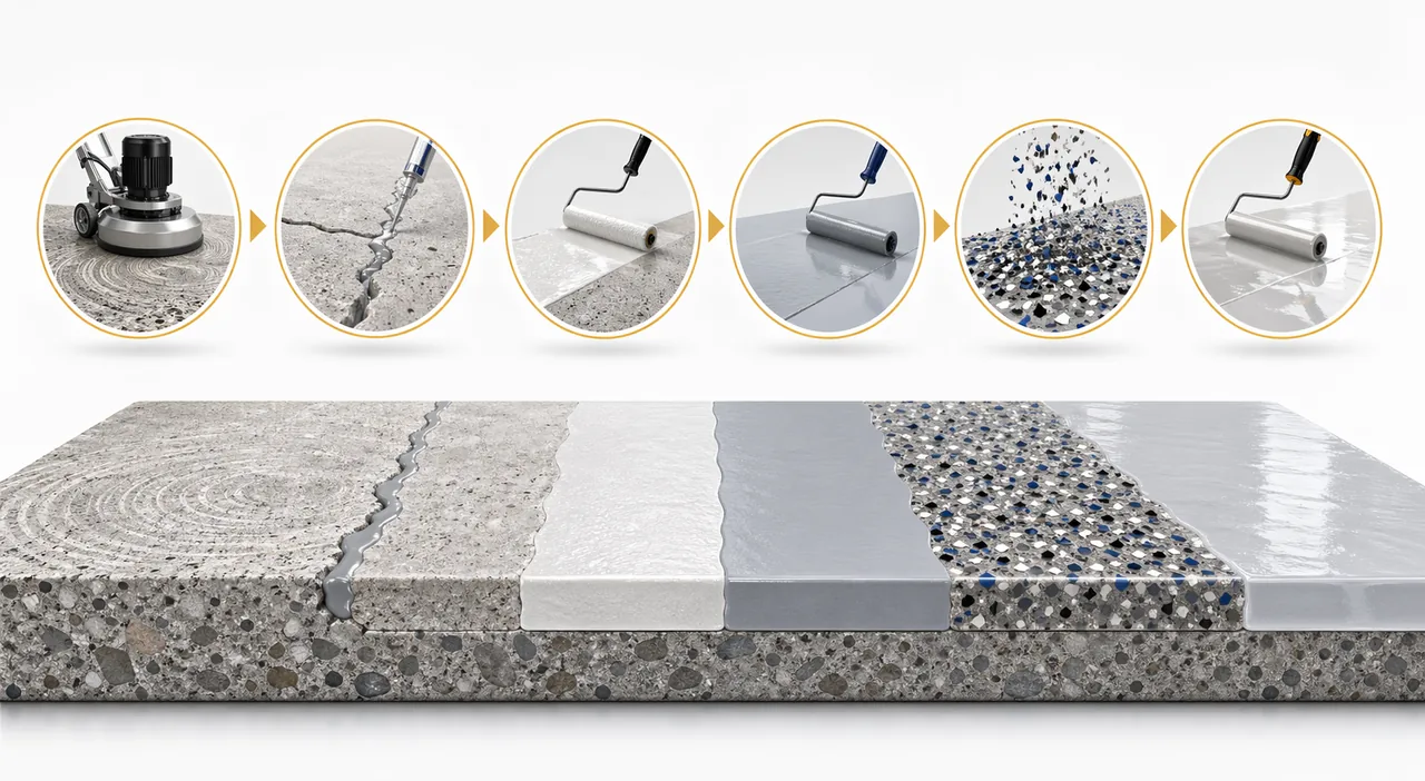 Illustration of a layered garage floor coating system